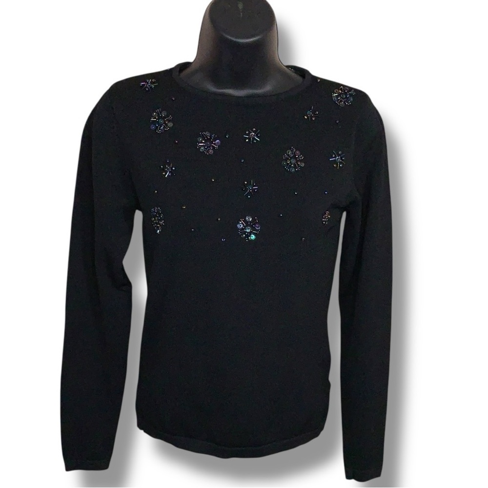 Vintage Sunny Names Beaded Sweater Black Long Sleeve Knit Iridescent Beads